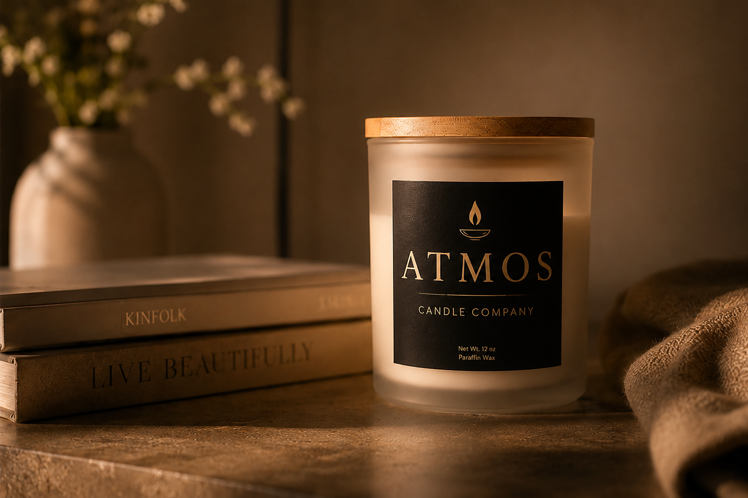 ATMOS candle beside stacked design books, a vase of blossoms, and a linen throw in warm lamplight